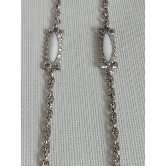 Solid White & Silver Toned Metal Rectangle Accents Long Length Layering Necklace - Picture 3 of 9